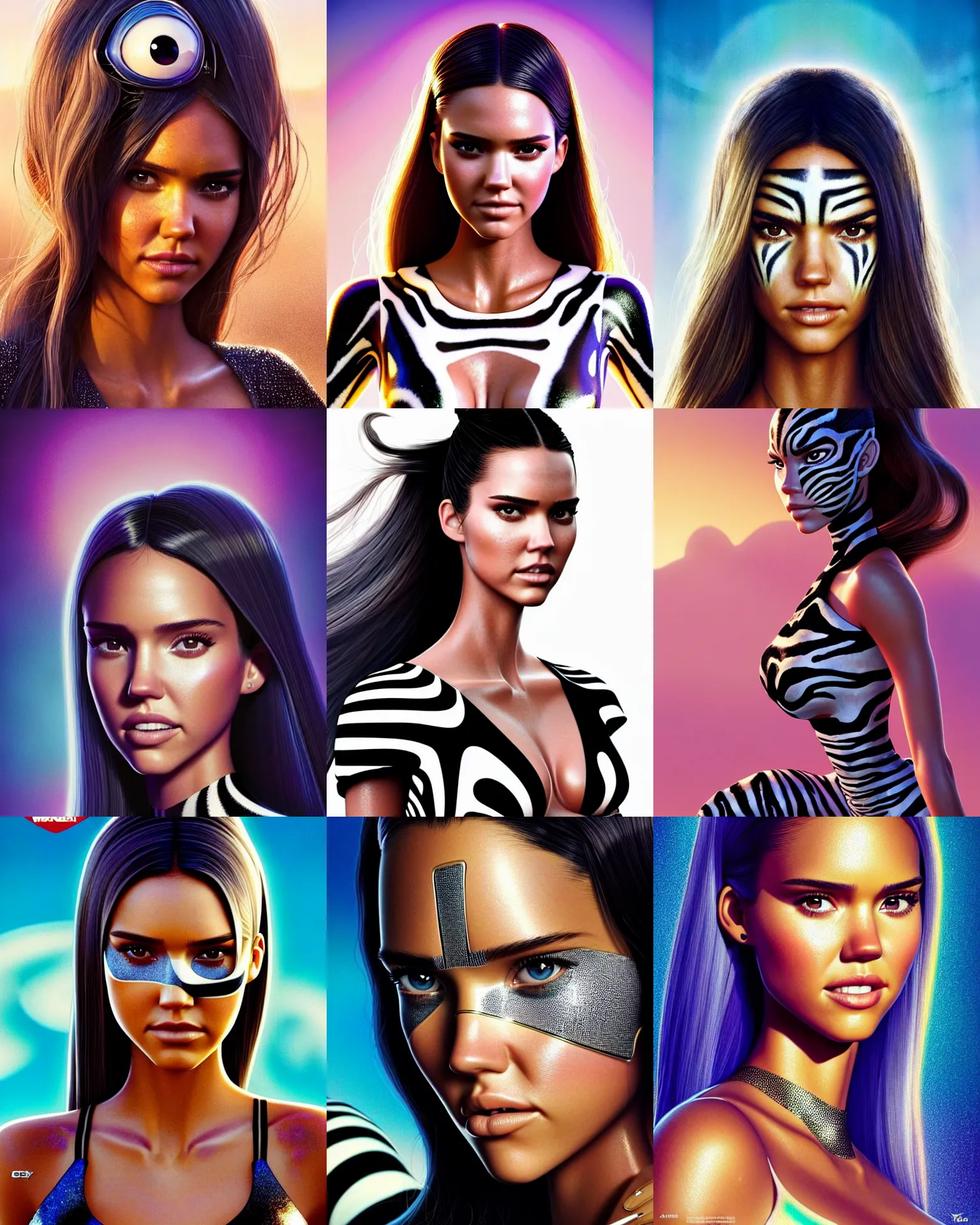 Prompt: disney pixar movie still portrait photo of jessica alba, kendall jenner, madison beer, adriana lima, jewelry : : as zebra cyborg woman by weta : : by greg rutkowski, wlop, ilya kuvshinov, rossdraws, artgerm, rave makeup, maxim cover, unreal engine, sweaty, glitter, pearlescent, morning, : :