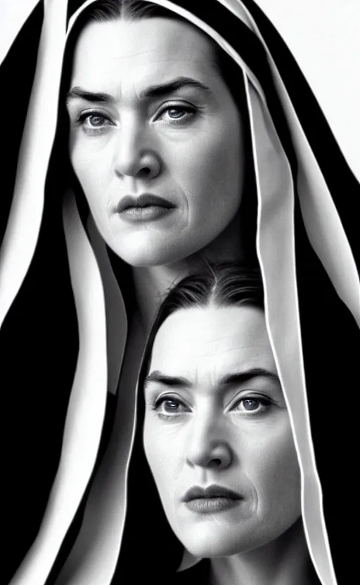 Image similar to kate winslet as a nun in her childhood days, intricate, cinematic lighting, highly detailed, canon 3 5 mm photography, horizontal symmetry, smooth, sharp focus