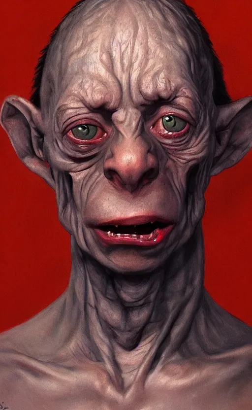 Image similar to a beautiful portrait painting of humanlike gollum, by diego velazquez, beautiful composition and structure, high contrast, high saturation, vivid ember colors, cross hatching featured on artstation, shading study, lighting study, studio lighting