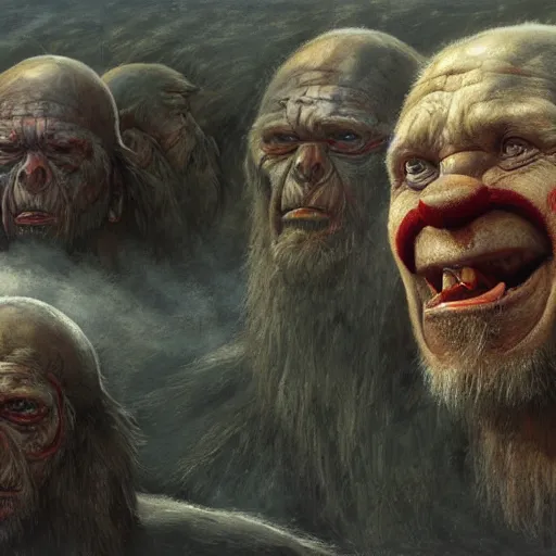 Image similar to vladimir putin, putin is bald prehistoric primate caveman, reptiloid eyes, awe face, toothless, saw teeth, peeling skin, horror macabre face, clown nose, by donato giancola and greg rutkowski and wayne barlow and zdzisław beksinski, realistic face, digital art