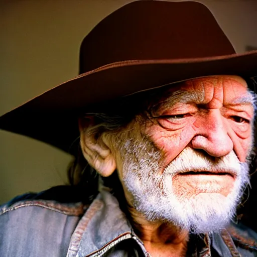 Image similar to willie nelson having a smoke in his trailer.