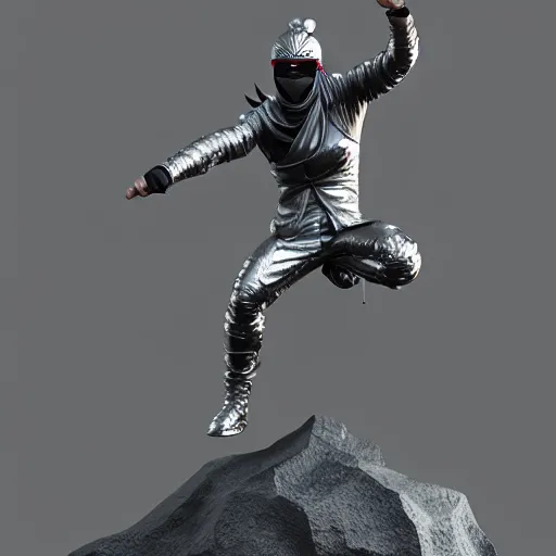 Image similar to 3 d octane rendering, chrome statue of ninja wearing full face mask and hunter hat, vfx art, detailed, smooth, pinterest, unreal engine, behance, technological, octane render, all chrome