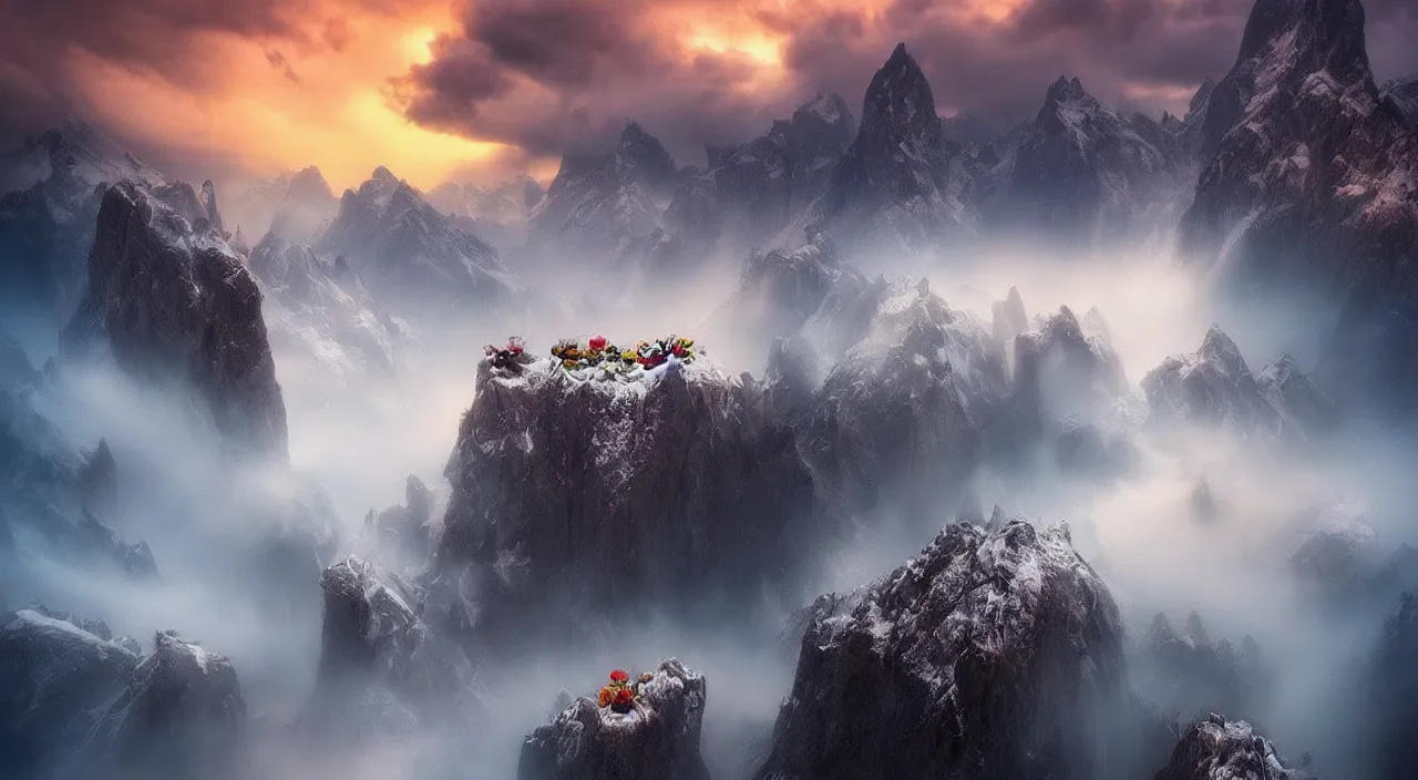 Image similar to amazing landscape photo of angry birds by marc adamus, beautiful dramatic lighting