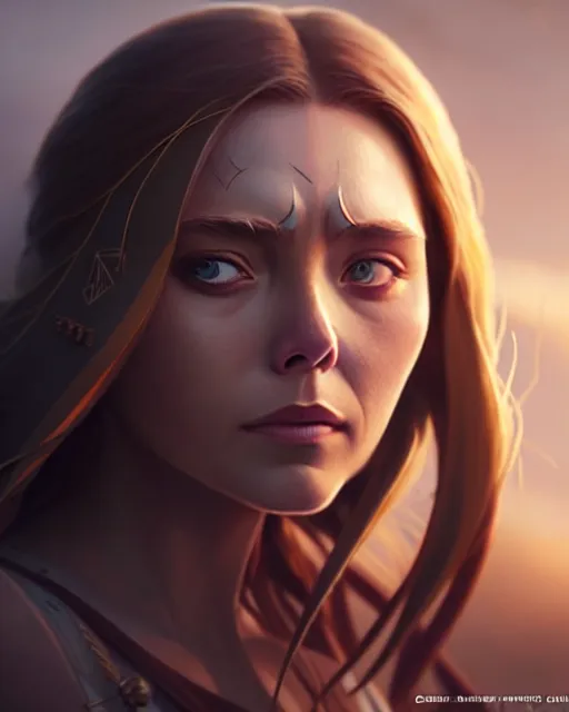 Image similar to azctec warrior, elizabeth olsen, detailed perfect face, exquisite details, fire magic, mid view, design on a white background, by studio muti, greg rutkowski makoto shinkai takashi takeuchi studio ghibli