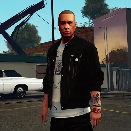 Prompt: Eminem in GTA V cover, rockstar games, no text,