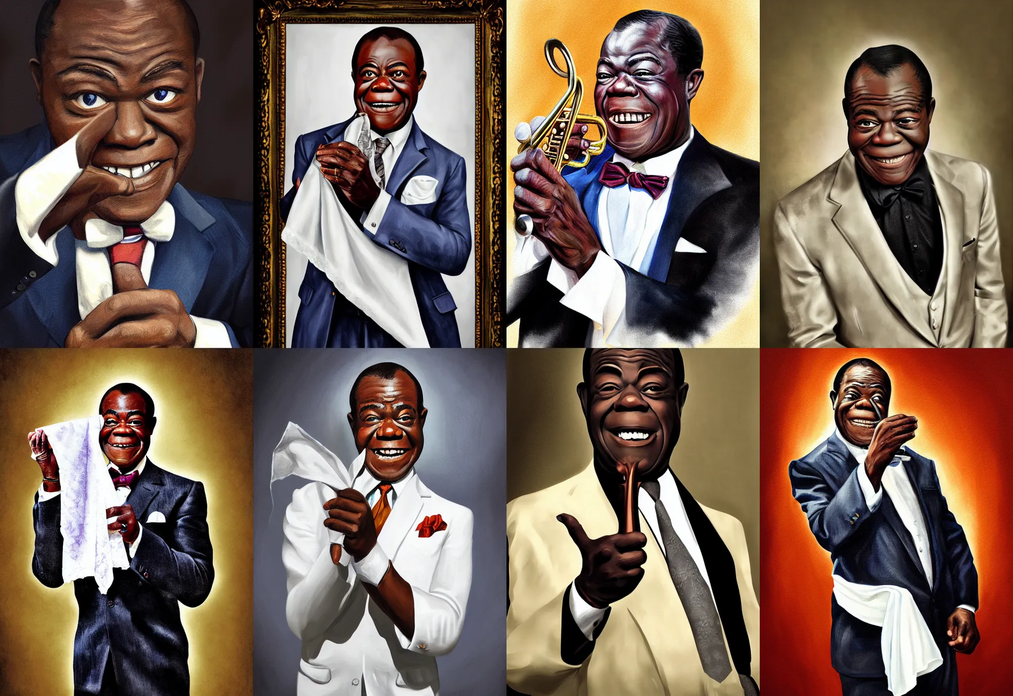 Prompt: a portrait of louis armstrong holding a white handkerchief, by jamie coreth, dramatic lighting, highly detailed digital painting