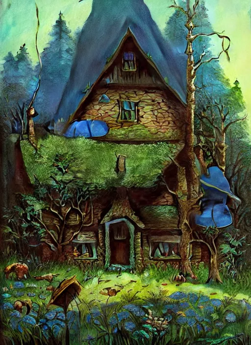 Image similar to hyper realistic witch cottage with solar panels with happy lighting and technology in the woods gorgeous lighting, sunbeams blue sky, lush forest foliage painting by zdzisław beksinski and norman rockwell and greg rutkowski weta studio, and lucasfilm