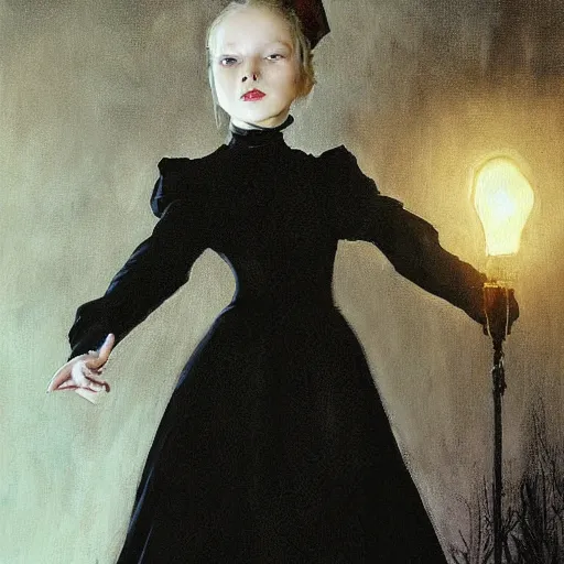 Prompt: girl in black victorian dress and white collar painting by brain froud, charles vess, cinematic lighting, epic composition, highly detailed