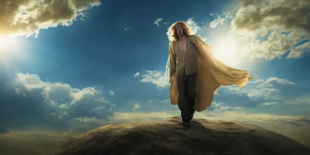 Image similar to realistic scene of a mysterious man in silky clothes with long golden hair walking on a clouds trying to touch the sun, detailed, 1 4 5 0, delicate, hyper realism, ultra realistic, 8 k