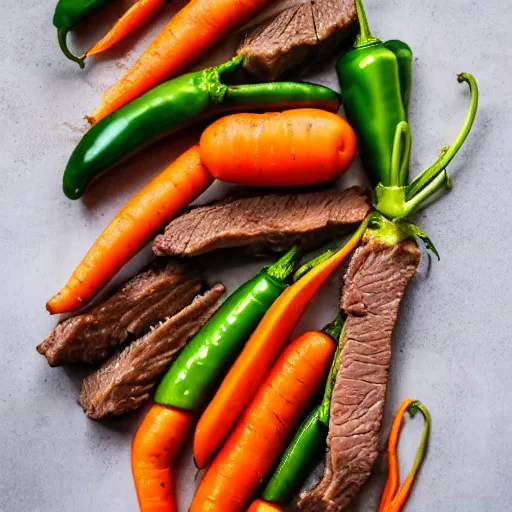 Prompt: carrots, beef, onion, cola, jalapeño peppers, professional photography, 8k, food photography