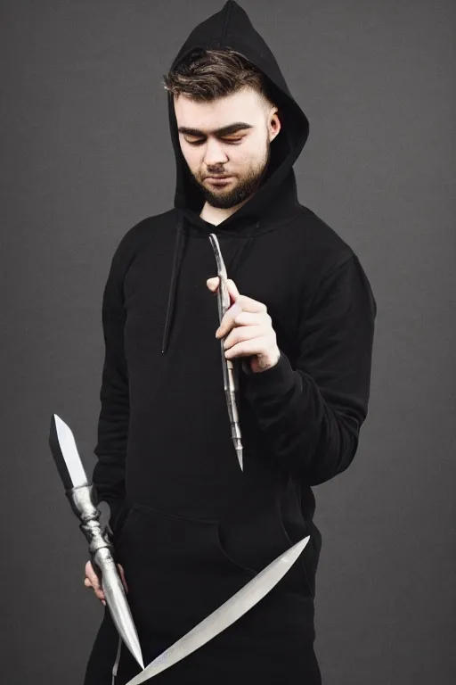 Image similar to a full body shot of a man in a black hoodie holding a dagger