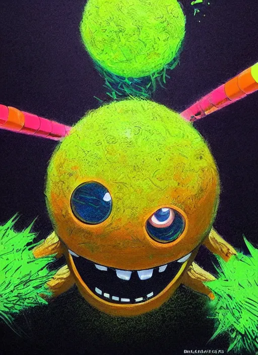 Image similar to tennis ball monsters playing tennis, a tennis ball monster ,tennis ball, Sci fi, lasers, digital art, fantasy, magic, trending on artstation, ultra detailed, professional illustration,chalk, poster artwork by Basil Gogos , clean