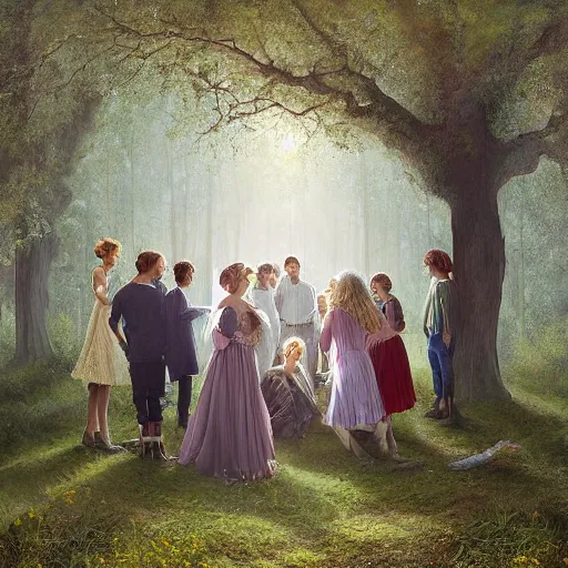 Image similar to A beautiful painting of a group of people gathered around a large tree in a forest. The tree is surrounded by a bright light, and the people appear to be looking up at it in wonder. dandelion by Sacha Goldberger