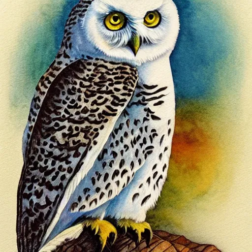 Prompt: snowy owl with cat tail and paws, gryphon, Louis William Wain watercolor, fantasy