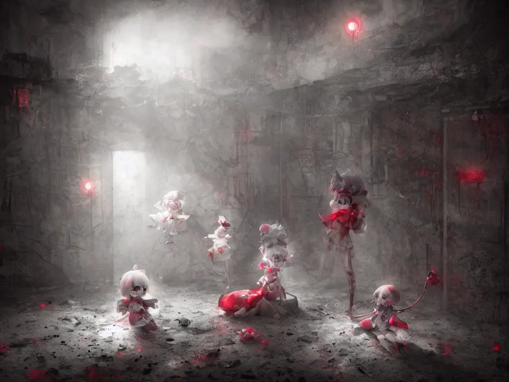 Image similar to cute fumo plush girl ghosts playing in a mysterious concrete wartorn brutalist ruin, ominous bright red lights, chibi gothic maiden in tattered rags, dramatic three point lighting, glowing wisps of hazy smoke and volumetric fog swirling about, vray