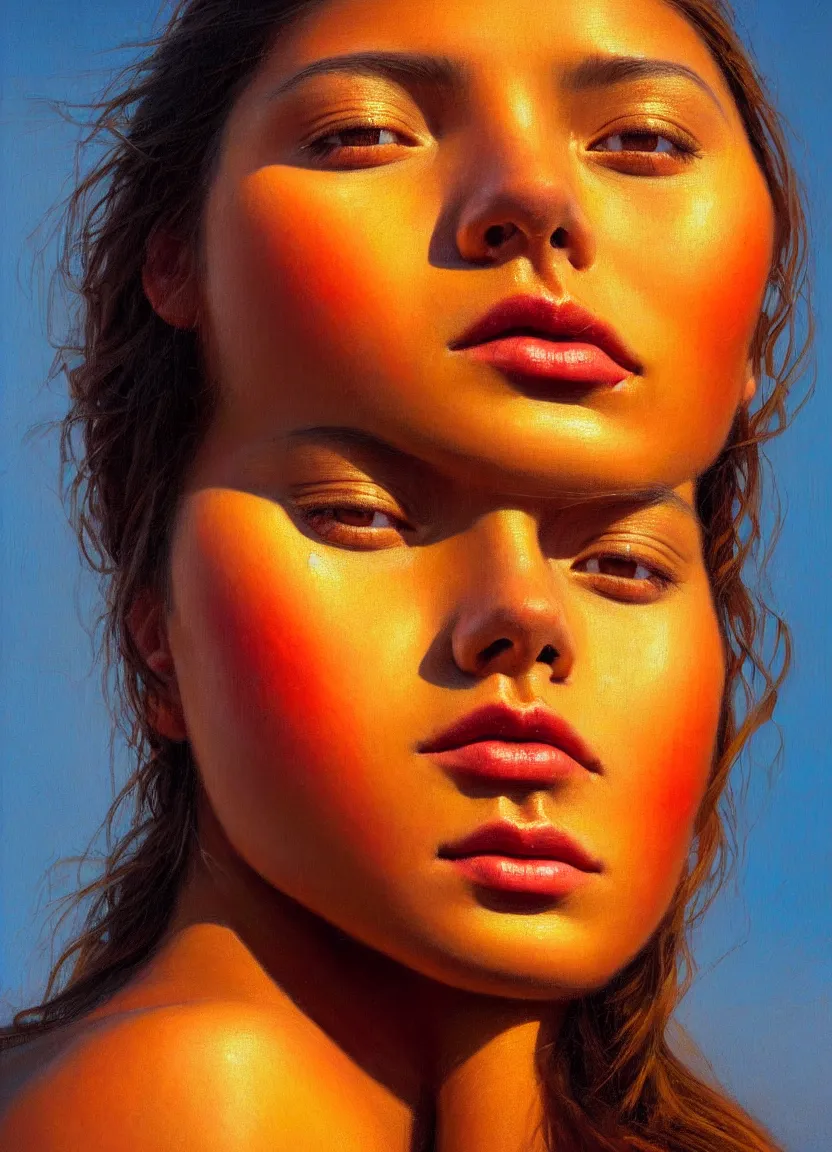 Image similar to a face portrait of a beautiful girl enjoying the warm sunlight, aztec setting, close - shot, symmetrical face, warm colors, soft lighting, atmospheric, cinematic, moody, in the style of diego koi, gina heyer, luiz escanuela, art by alyssa monk, hyperrealism, rule of thirds, golden ratio, oil on canvas, 8 k