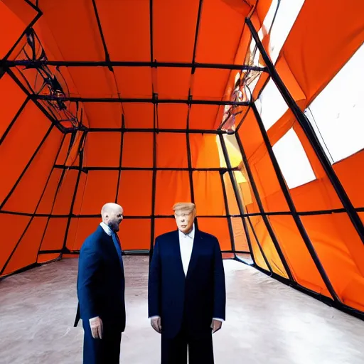 Prompt: a wide angle photo of DONALD TRUMP and jason statham standing inside a fabric house. The walls and ceiling are billowing translucent deep orange fabric. The room is finished with contemporary furniture by the campana brothers. The wind is blowing. The space glows with natural light. The fabric is held by thin steel and wood