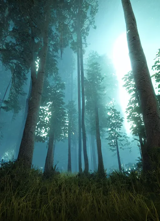 Image similar to strange lights in dark forest ; unreal engine ; wide angle ; highly detailed