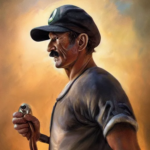 Image similar to An ultra realistic portrait painting of Luigi wearing his cap in the style of Frank Frazetta, 4k, Ultrarealistic, Highly Detailed, Dark Fantasy, Epic Lighting