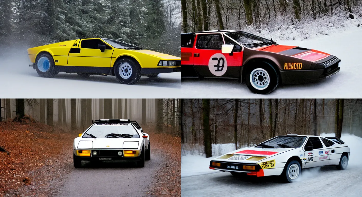 Prompt: a 1 9 8 0 lotus esprit turbo, racing through a rally stage in a snowy forest