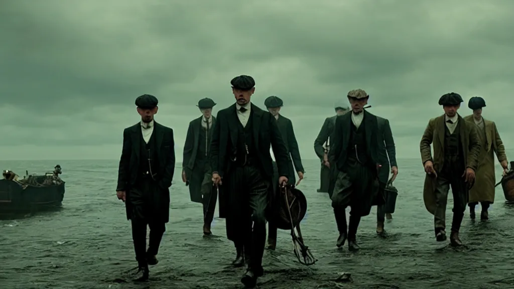 Prompt: the peaky blinders with fish heads coming out of the ocean film still from the movie directed by denis villeneuve with art direction by zdzis