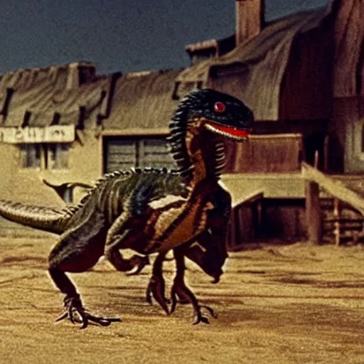 Prompt: velociraptor with a cowboy outfit in a wild west town, still from a movie, 3 5 mm film, grainy, evocative, atmospheric lighting, intricate, highly detailed, sharp focus, cinematic, masterpiece, taken by sergio leone and john ford