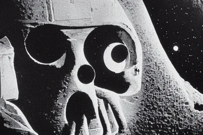 Prompt: the Death Star is the moon, in A Trip to the Moon by Georges Melies, film still, 4k