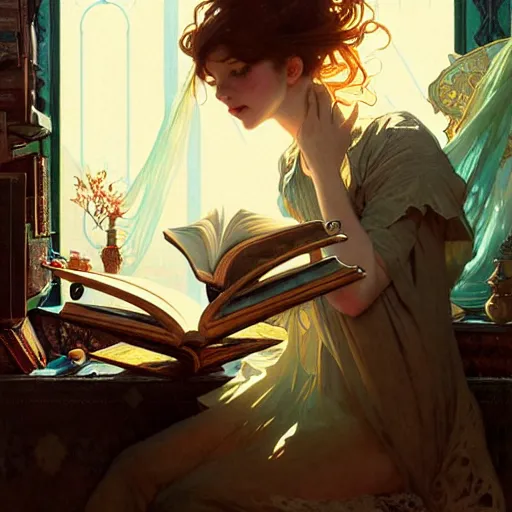 Prompt: Portrait of a girl in cluttered room, reading a book under the skylight, fantasy, intricate, elegant, highly detailed, digital painting, artstation, concept art, smooth, sharp focus, illustration, art by Krenz Cushart and Artem Demura and alphonse mucha