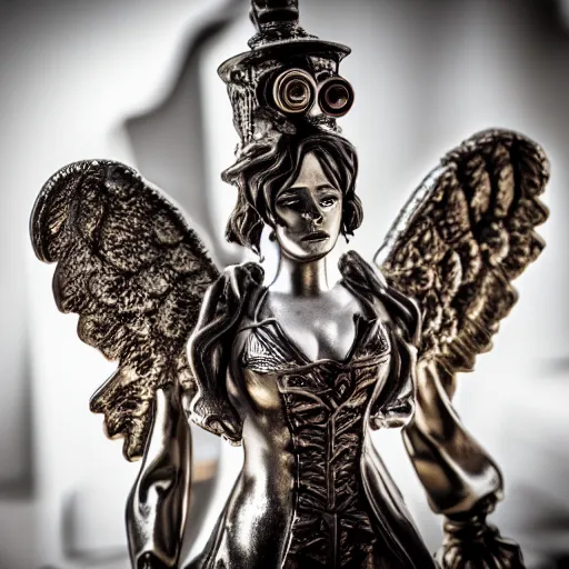 Image similar to steampunk angel, 8 k, shallow depth of field, 8 k, ultra high detail,