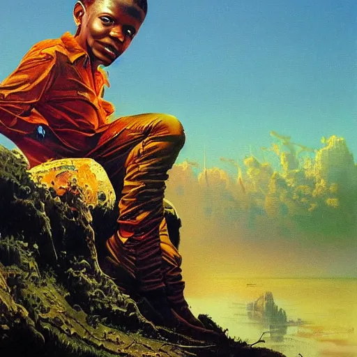 Prompt: a painting of wizkid by bruce pennington.