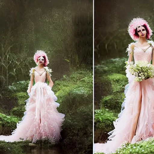 Prompt: light pink wedding dress. with white large exotic large, exotic. flowers. of zigzag intricate pattern of green fluffy. herbs. in the fantasy style. dress with train. hyper - realistic photo.