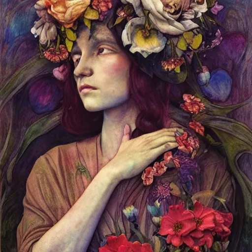 Prompt: flower queen, by annie swynnerton and charlie bowater and tino rodriguez and nicholas roerich and jean delville and evelyn de morgan and lucien freud, dramatic lighting, floral tattoos, rich colors, smooth sharp focus, extremely detailed, adolf wolfli