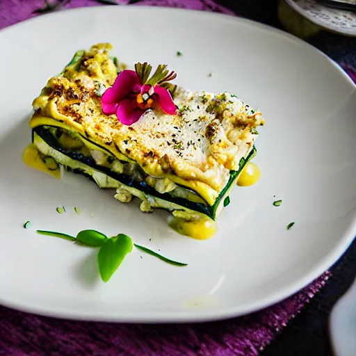 Image similar to zucchini lasagna filled with ground chicken, ras el hanut creme fraiche, topped with camembert cheese and edible flowers, michelin starred restaurant, food photography