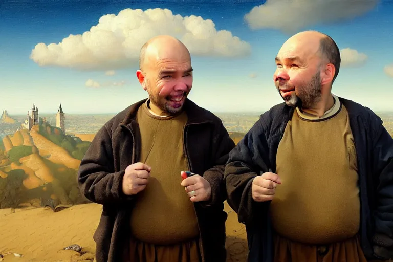 Image similar to oil portrait of karl pilkington and warwick davis. oil painting, highly detailed, centered, artstation, concept art, smooth, sharp focus, illustration, artgerm, vermeer, hans peter mohrbacher, donato giancola, joseph christian leyendecker, drew struzan