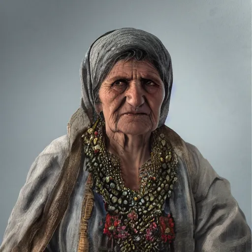 Image similar to hyperrealistic mixed media high resolution image of a beautiful Kurdish grandmother, stunning 3d render inspired art by István Sándorfi and Greg Rutkowski and Unreal Engine, perfect symmetry, dim volumetric lighting, 8k octane beautifully detailed render, post-processing, extremely hyper-detailed, intricate, epic composition, highly detailed attributes, highly detailed atmosphere, full body shot, cinematic lighting, masterpiece, trending on artstation, very very detailed, masterpiece, stunning, flawless structure, lifelike texture, perfection,