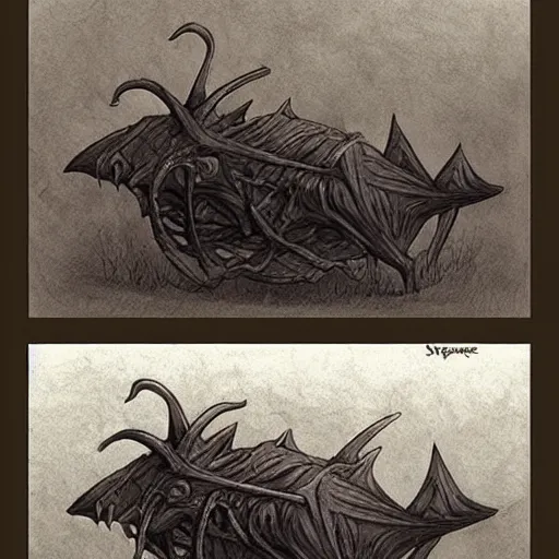 Prompt: daedric pokemon by shaun tan, style of john kenn mortensen