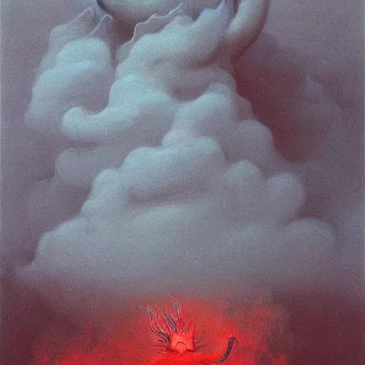 Prompt: A dragon emerging from a cloud of smoke, its eyes glowing red. By zdzisław beksiński