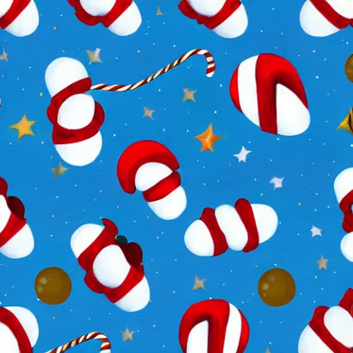 Image similar to painting of astronaut cat in space, candy canes in space, candy cane asteroid belt, candy canes flying in space, cat in astronaut suit in space