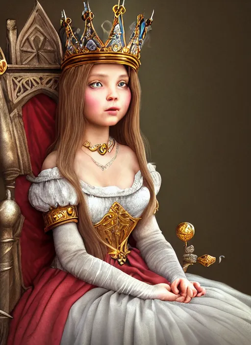 Image similar to highly detailed closeup portrait of a fairytale medieval princess wearing a crown and sitting on a throne, unreal engine, low - poly hands, nicoletta ceccoli, mark ryden, earl norem, lostfish, global illumination, god rays, detailed and intricate environment