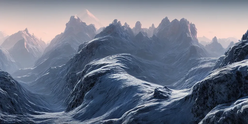 Image similar to stunning landscape, icy mountains, 8 k uhd, unreal engine, octane render in the artstyle of kuindzhi