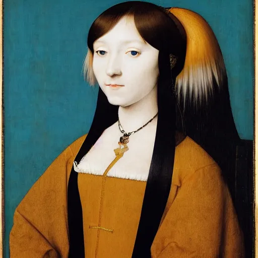 Image similar to a portrait of the young lady hatsune miku of the house lancaster by hans holbein, blue eyes, blue hair, porcelain skin, national portrait gallery, painting