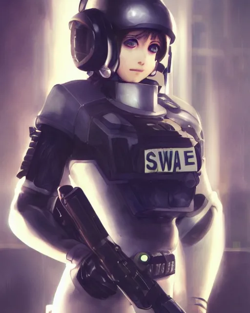 Image similar to nami, anime key visual of a young female swat officer, neon, cyberpunk, futuristic, white clothing, black vest, swat helmet, stunning, highly detailed, digital painting, smooth, soft focus, illustration, 4 k digital art from artstation by artgerm and greg rutkowski and alphonse mucha