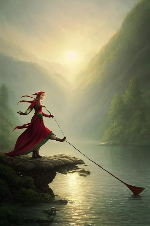 Image similar to elegant elf fishing in lake, highly detailed, d & d, fantasy, highly detailed, digital painting, trending on artstation, concept art, sharp focus, illustration, global illumination, ray tracing, realistic shaded, art by artgerm and greg rutkowski and fuji choko and viktoria gavrilenko and hoang lap