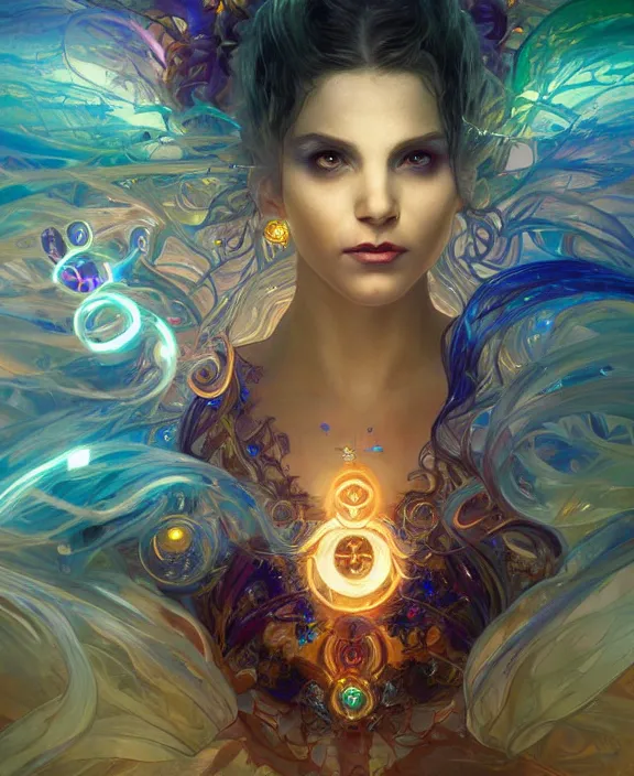 Image similar to a whirlwind of souls rushing inside the metaverse, half body, glowin eyes, tiara with sapphire, insect, d & d, fantasy, intricate, elegant, highly detailed, colorful, vivid color, digital painting, artstation, concept art, art by artgerm and greg rutkowski and alphonse mucha and ruan jia