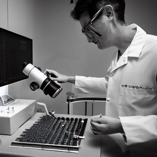Prompt: scientist working with electron microscope in a clean environment, photography