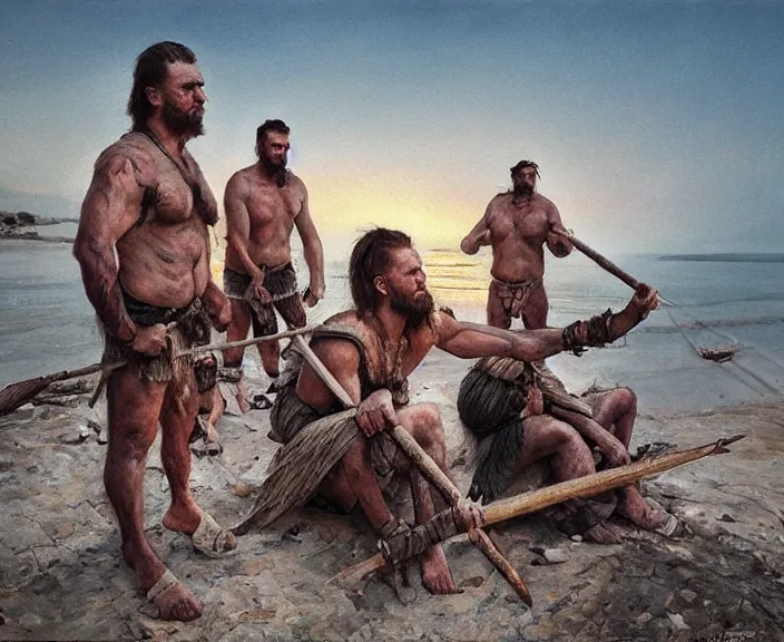 Image similar to barbarian men wait patiently for sunset, art by denys tsiperko and bogdan rezunenko, hyperrealism