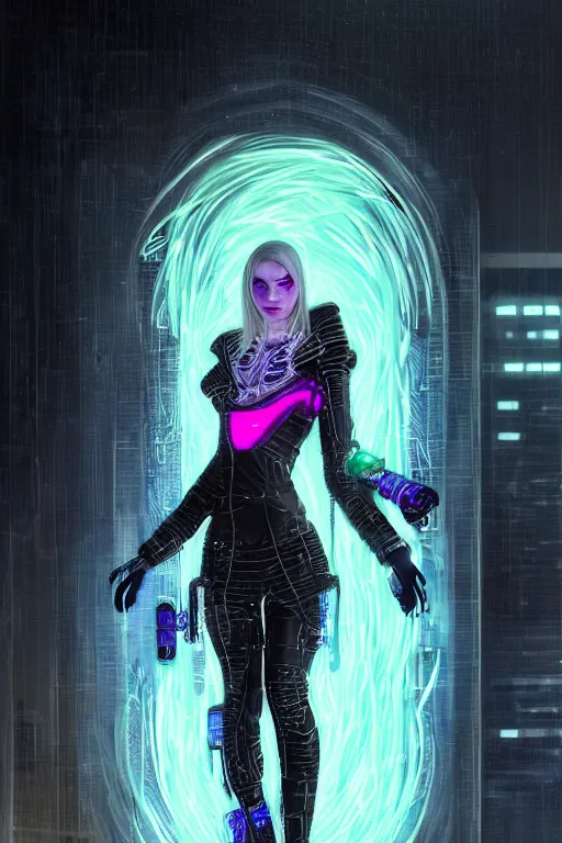 Prompt: portrait futuristic genuine cyberpunk female Witch Doctor, in futuristic stormy heavy snowy thunder tokyo rooftop Enchantment cyberpunk night, ssci-fi, fantasy, intricate, very very beautiful, elegant, neon light, highly detailed, digital painting, artstation, concept art, soft light, hdri, smooth, sharp focus, illustration, art by tian zi and craig mullins and WLOP and alphonse mucha