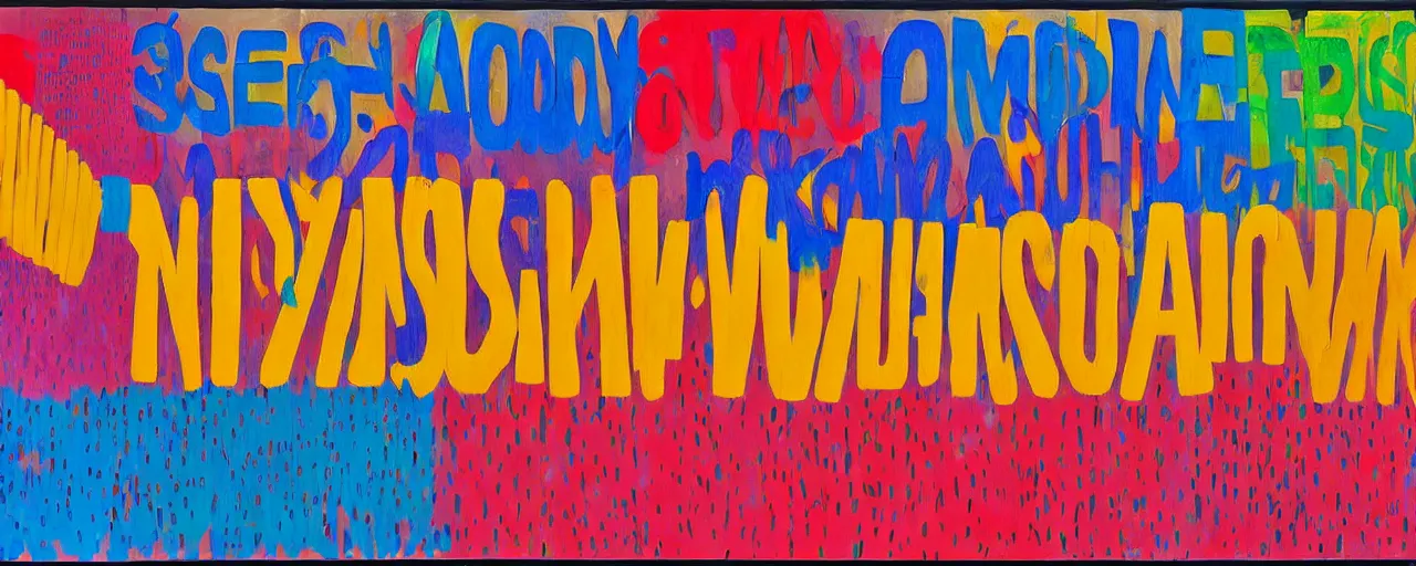 Image similar to a colorful painting of words and letters, by Mel Bochner, oil paint, abstract, Concrete poetry, colorful, Highly Detailed