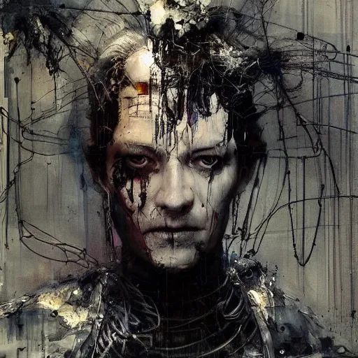 Image similar to cybernetic dream hunter, cyberpunk, wires, skulls, machines by emil melmoth zdzislaw belsinki craig mullins yoji shinkawa realistic render ominous detailed photo atmospheric by jeremy mann francis bacon and agnes cecile ink drips paint smears digital glitches glitchart