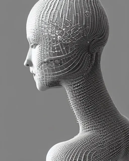 Image similar to mythical dreamy black and white organic translucent bio-mechanical spinal ribbed profile face portrait detail of mechanical beautiful female angelic-snowy-human-cyborg, highly detailed, intricate crystal jelly steampunk ornate, poetic, 3D render, digital art, octane render, 8K artistic photography, photo-realistic, by Dora Maar